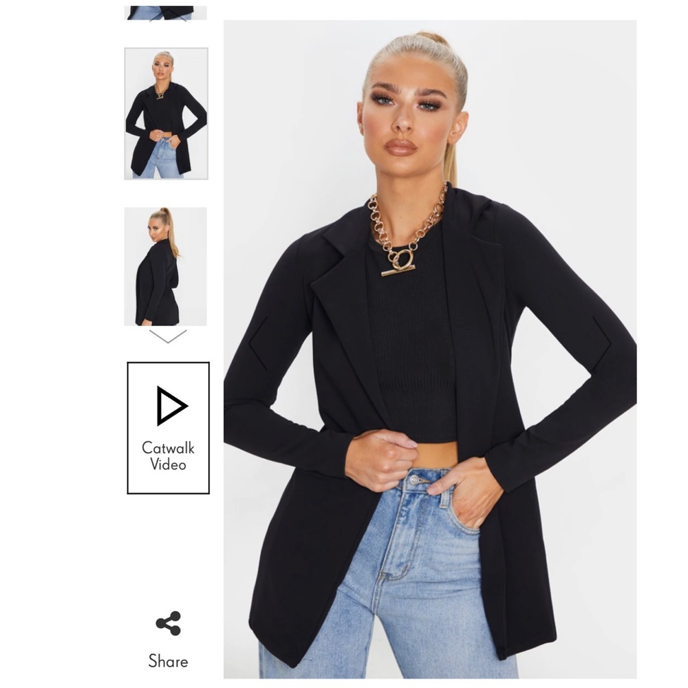 PrettyLittleThing Black Longline Blazer, Size 6 (M)